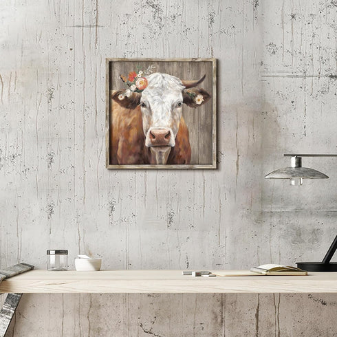 Cattle Framed Wall Art Decor: Country Wooden Farm Cow Animal Painting Rustic Farmhouse Picture Brown Calf with Wildflowers Artwork for House Guest...