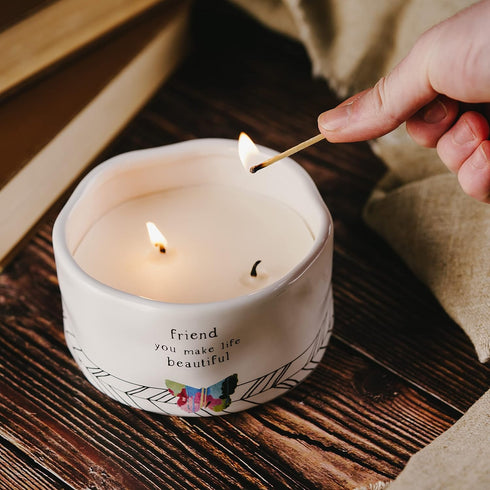 Pavilion Gift Company Friend You Make Life Beautiful - Double Wick Butterfly Candle in Ceramic with 100% Soy Wax & Cotton Wicks - Tranquility Scen...