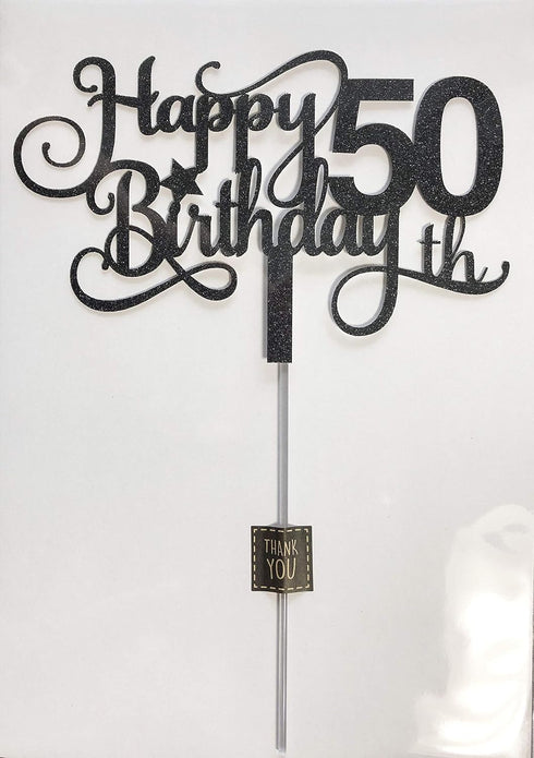 Black Glitter 50th Birthday Cake Topper, Happy 50th Birthday Cake Topper, 50th Birthday Party Decorations...