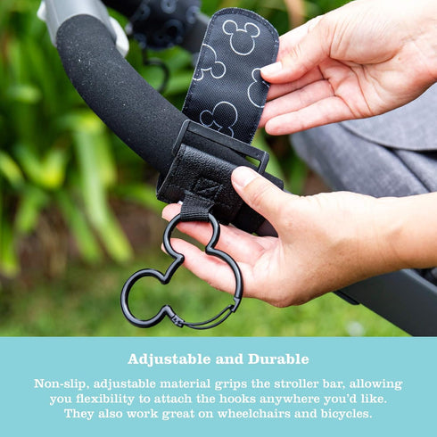 Disney Baby by J.L. Childress Mickey Mouse Stroller Hooks - Universal Stroller Clips with Non-Slip Straps - Durable Carabiners to Hold Water Bottl...