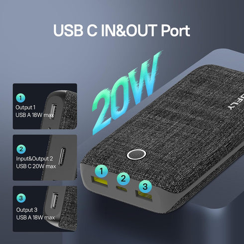 Portable Charger, 20000mAh Power Bank with USB C in&Out 20W High-Speed Recharging Battery Pack Compatible with iPhone,Android etc (Black) (Black)...