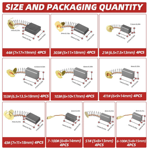 40PCS Electric Motor Carbon Brushes Replacement Repair Tool Set,10 Different Sizes Graphite Carbon Brush for Motor...