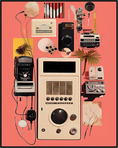 Posterizer 1 pcs-pink vintage collage with old timey devices-Abstract & Modern Art-Retro Art-Gift for Art Lovers- UNFRAMED Wall Art...