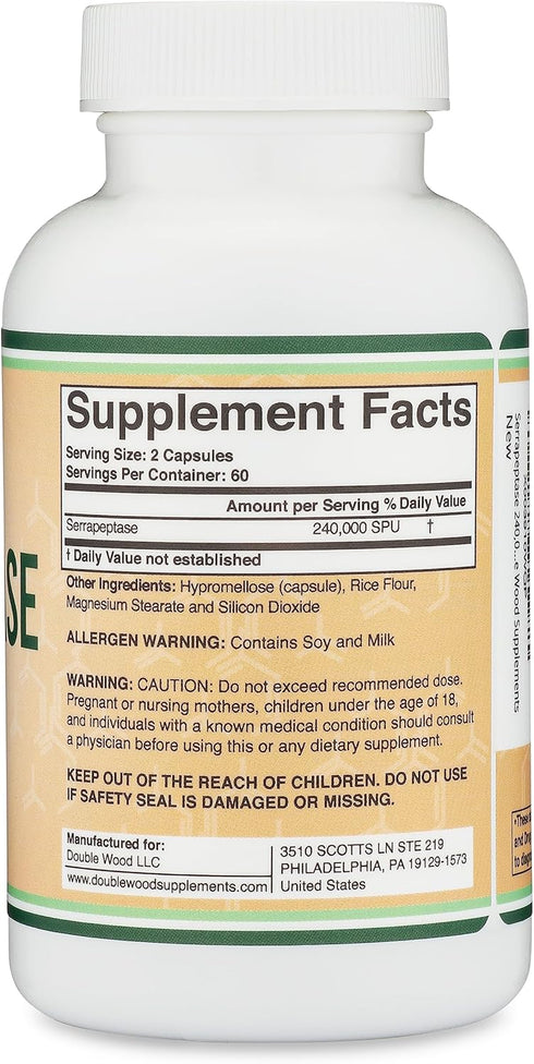 Serrapeptase 240,000 SPU Max Potency (120 Veggie Capsules) Proteolytic Enzyme for Sinus, Respiratory and Joint Health (Non-GMO, Gluten Free, Veget...