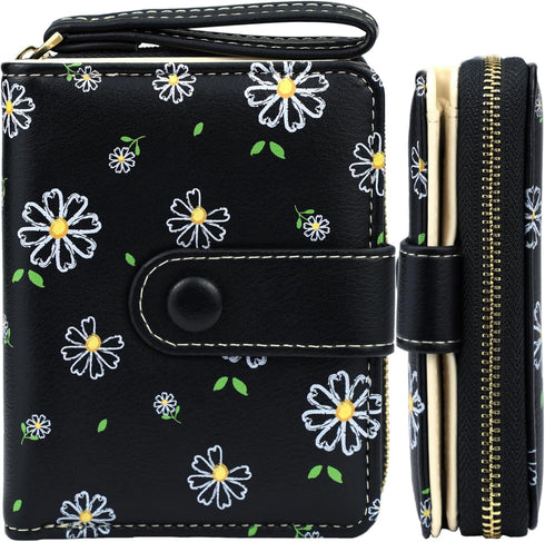 Cute Wallet Women Black Small Wallets Coin Purse Minimalist Flower Design Women's Travel Wallets Leather Credit Card Holder with ID Window Kawaii ...