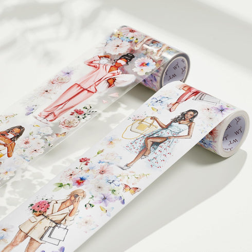 WT Bloom & Vogue Wide PET Tape, Single Roll, Original Designs, Flower Girls Decorative, Characters Figures, Transparent Clear Adhesive, Journal Sc...