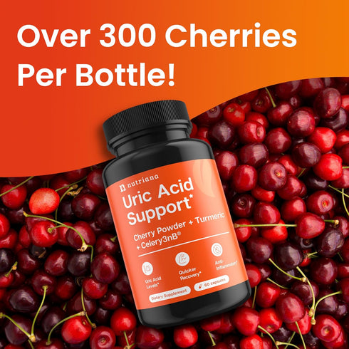 3 in 1 Uric Acid Flush Cleanse – Tart Cherry Extract with Turmeric & Celery Seed Supplement Purge - Feet and Joint Support - 60 Veggie Capsules...
