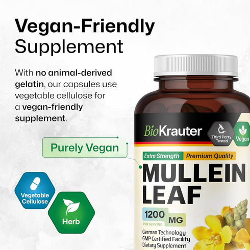 BIO KRAUTER Mullein Capsules for Lung Detox 1200 mg - 250 Count - Mullein Leaf Capsules for Respiratory Support - Vegan Lung Support Supplement - ...
