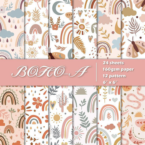 24 Sheets Scrapbook Paper, 6"X6" Inch Scrapbook Paper, 160gsm, 12 Designs Decorative Paper for Card Making Scrapbook Photo Album Decor (BOHO-A)...
