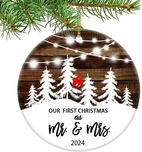 First Christmas Married Ornament 2024 Couple Birds Snow Wedding Ornament Gift for Newlywed Couple 2024 Ornament (3inch Mr mrs)...