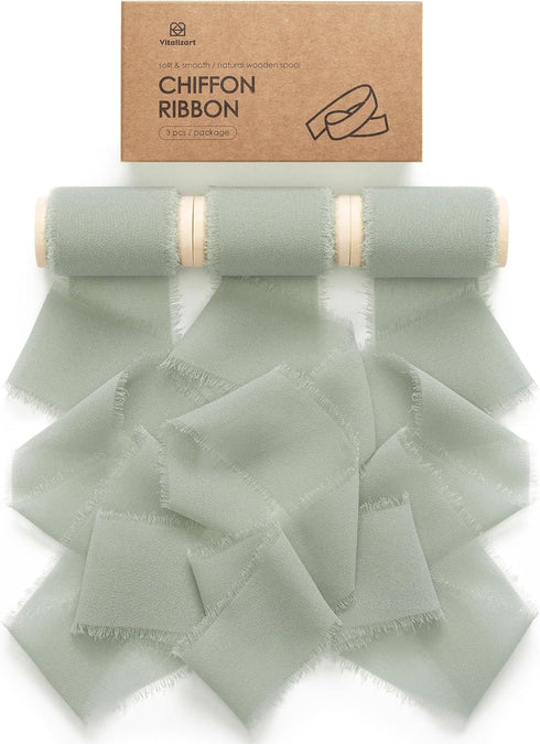 Vitalizart Dusty Green Chiffon Ribbon 2" x 15 Yd Sage Silk Like Handmade Frayed Edges Fringe for Wedding Invitations Bridal Shower Bouquets Gift W...