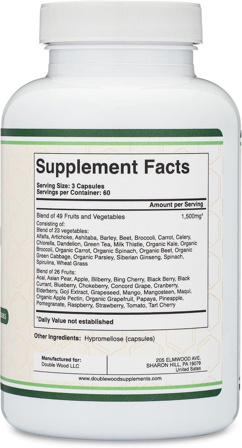 Fruits and Veggies Supplement (Daily Blend of 49 Different Fruits and Vegetables, 23 Veggies and 29 Fruits) 1,500mg Servings, 180 Capsules (No Fil...