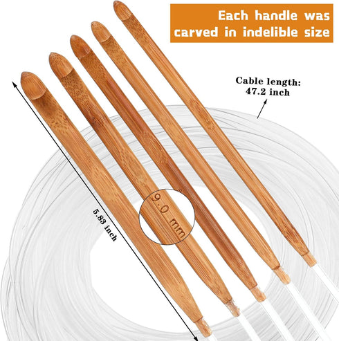 23 Pieces Tunisian Crochet Hooks Set 3-10 mm Cable Bamboo Knitting Needle with Bead Carbonized Bamboo Needle Hook 2-8 mm Assorted Color Tunisian A...