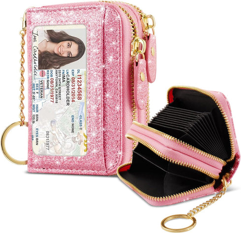 Double Zipper Credit Card Holder RFID Blocking Coin Pouch Slot Glitter Shining Leather Small Cute Card Wallet for Women with Keychain, Pink Glitte...
