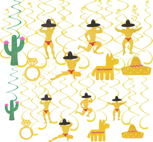 30Pcs Hanging Swirl Bachelorette Party Decorations, Funny Bridal Shower Party Supplies, Glittery Mexican Cactus Man Ring Garland Engagement Weddin...