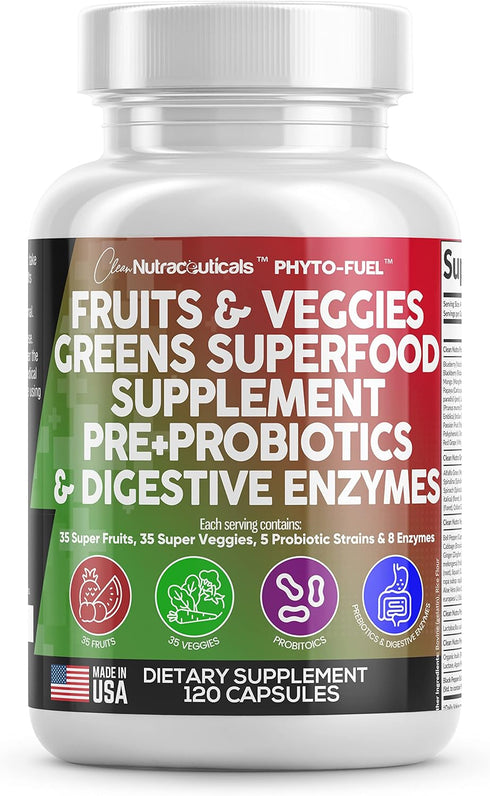 Clean Nutraceuticals Fruits and Veggies Supplement Reds & Green Superfood - Balance of Over 70 Fruit & Vegetable Supplements Capsules with Probiot...