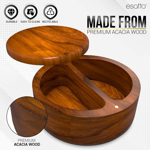 Esatto Round Acacia Wooden Salt and Spice Box, Magnetic Swivel Lid For Easy Storage or Retrieval, Salt Pepper or Spice Storage Box, With Two Worki...
