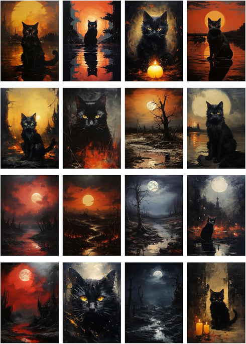 Decoupage Paper Pack (35 Sheets 6"x8") Witchy Black Cats on Halloween in Spooky Cities FLONZ Vintage Illustration Pictures Cards for Decoupage, Cr...