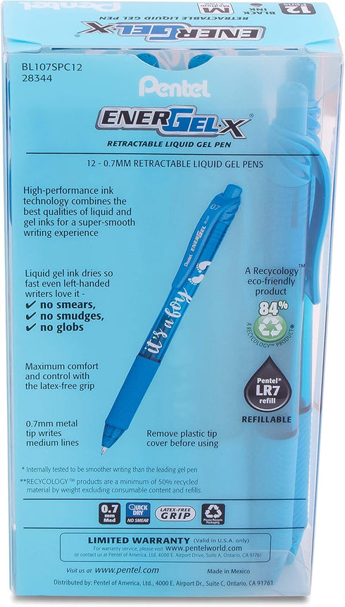 Pentel EnerGel-X Retractable Gel Pen, (0.7mm) Med. line, Sky Blue Ink- It's a Boy! Dozen Box (BL107SPC12)...