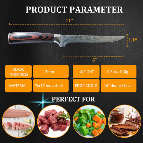 Premium Boning Knife with Sheath & Pocket Sharpener 6 Inch High Carbon Stainless Steel Japanese Fillet Professional Trimming Knife for Meat, Fish,...