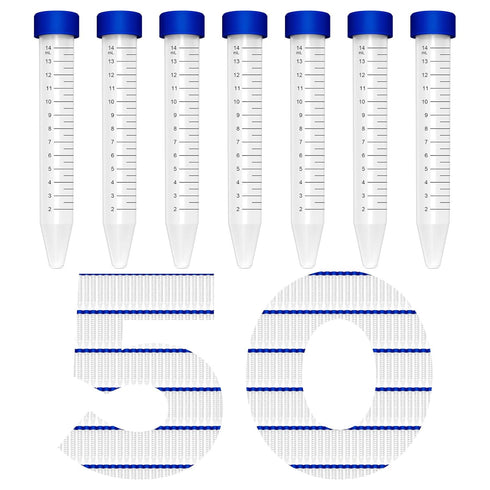 Membrane Solutions Conical Centrifuge Tubes 15mL, 50 Pack Sterile Plastic Test Tubes with Screw Caps, Polypropylene Container with Graduated and W...