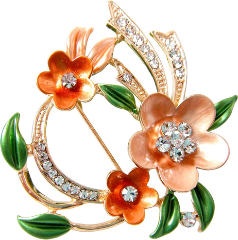 Navachi 18k Gold Plated Multicolor Enamel Flower Ornaments Green Leaves Crystal Brooch Pin...