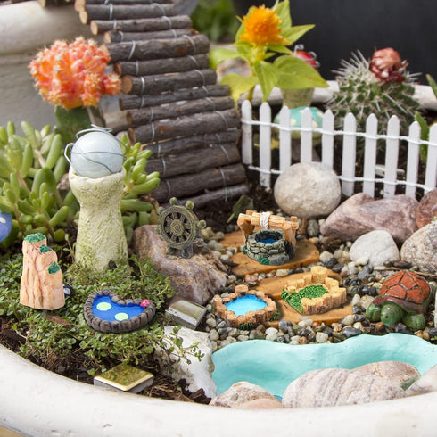 Topped Boat Miniature Fairy Garden Accessories,Miniature Pond Lawn Garden Ornament Figurines, Mini Lighthouse Water Well Bridge Figurines, Micro L...