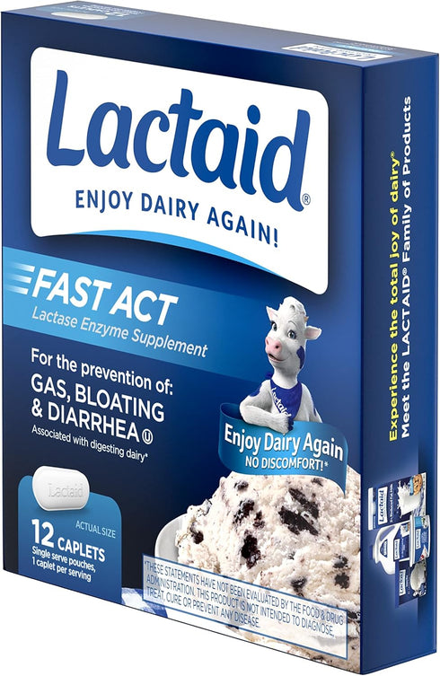 Lactaid Fast Act Lactose Intolerance Relief Caplets with Lactase Enzyme, 12 Travel Packs of 1-ct....