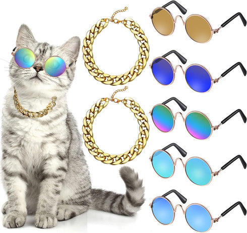 7 Pieces Dog Costume Set Include Adjustable Gold Pet Chain and Funny Cute Cat Small Dog Sunglasses Retro Pet Sunglasses for Cat Puppy Small Medium...