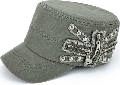 Men Women Soft Washed Cotton Adjustable Flat Top Military Army Hat Cadet Cap Zip Studs Embroidery Patch...