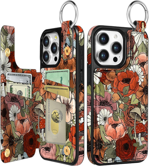 Shorogyt for iPhone 13 Pro Wallet Case with Card Holder, Designer Mushroom Flower Pattern Kickstand Magnetic Clasp Back Flip Folio Leather Phone C...