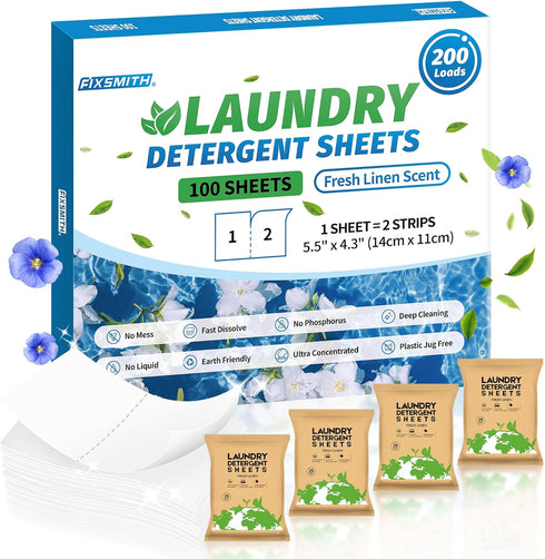 FIXSMITH Laundry Detergent Sheets - 200 Loads (100 Sheets) Fresh Linen Scent - Hypoallergenic,Eco Friendly Laundry Detergent Strips Ultra-Concentr...