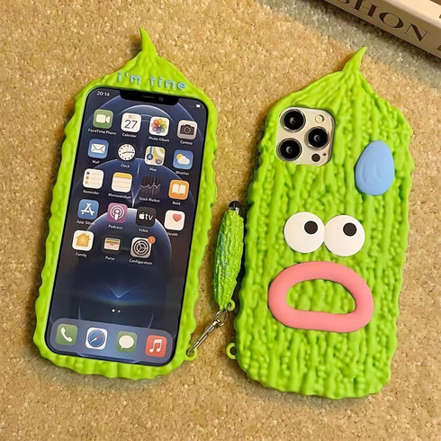 3D Silicone iPhone 15 Case with Funny Creative Stylus, Balsam Pear Design Cartoon Soft Silicone Full Protection Shockproof Cases Cover Skin for Ki...