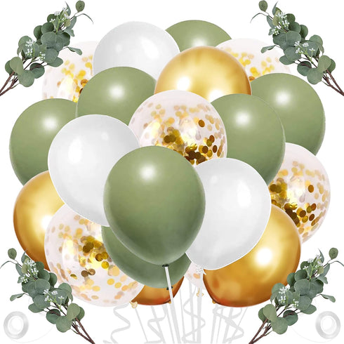 60 Pcs White Sage Green Balloons Latex Balloons with Artificial Eucalyptus Leaves Confetti Balloons for Birthday Baby Bridal Shower Wedding Party ...