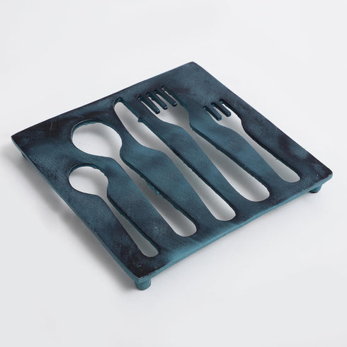 Cutlery Set Shaped Metal Trivet for Serving Hot Dish, Pot, Pans & Teapot on Kitchen Countertop or Dinning, Table-Heat Resistant (Antique Blue)...