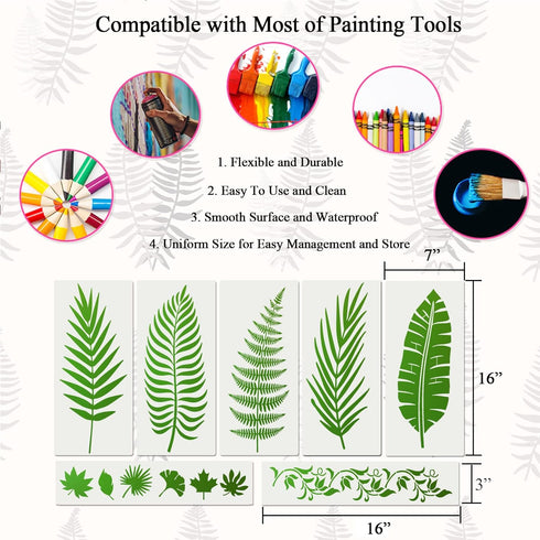 11Pieces Large Leaf Stencil Palm Fern Leaf Stencils for Painting on Walls Nature Tropical Plant Leaves Paint Stencils for Furniture Canvas Home De...