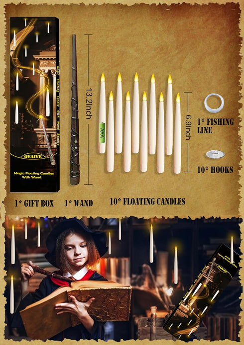 Halloween Decorations, 10 Pcs Floating Candles with Wand,Magic Flameless Hanging Candles,Flickering LED Taper Window Candles for Home Halloween De...
