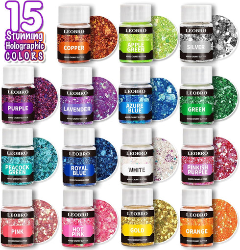 LEOBRO Holographic Chunky Glitter, 15 Colors Craft Glitter for Resin, Nail Body, Jewelry Arts and Crafts, with 5 Mixing Spoons...