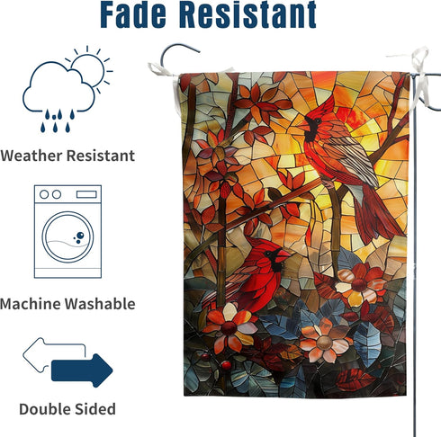Stained Glass Cardinal Red Birds Garden Flag Spring Summer Yard Flag Fall Floral Decorative Flags for Outside 12x18 Double Sided Small Seasonal La...