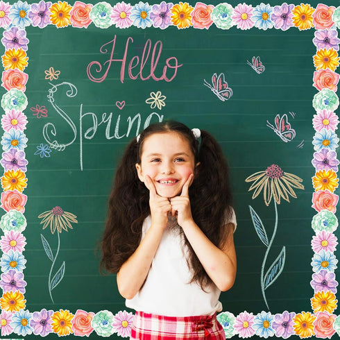 67.9 Ft Painted Flowers Bulletin Board Borders Die-Cut Bulletin Borders Painted Flowers Shape Rolled Bulletin Board Trim Sticker for School Classr...