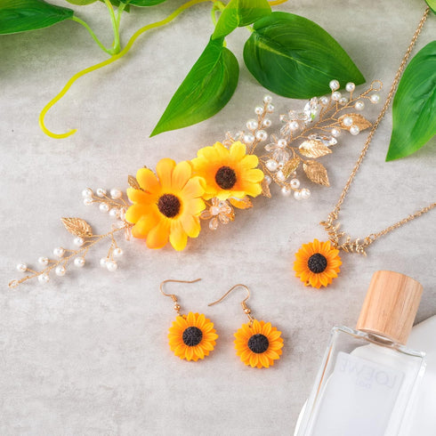 OIIKI Sunflower Bridal Accessories Kit, Wedding Sunflower Headband, Bridal Sunflower Necklace Earrings, Flower Crystal Hair Vine Decorative Clips ...