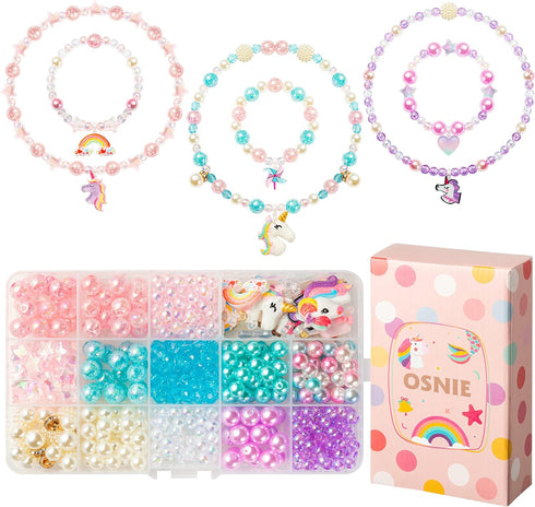 OSNIE Unicorn DIY Bead Jewelry Making Kit for Kids Girls with Unicorn Rainbow Heart Bow-Knot Lollipop Crown Key Charms Beads for Bracelets Rings N...