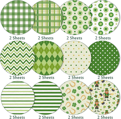 Whaline 12 Designs St. Patrick's Day Pattern Paper 24 Sheet Green Lucky Clover Stripe Plaid Dot Scrapbook Paper Double-Sided Decorative Craft Pape...
