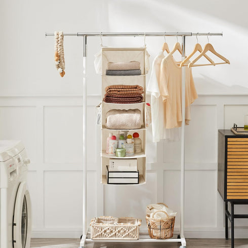 MAX Houser 5 Shelf Hanging Closet Organizer, Space Saver, Cloth Hanging Shelves with 4 Side Pockets, Foldable, Beige...