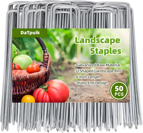 50 Pack Sturdy Garden Landscape Staples, 6 Inch Galvanized Steel Sod Pins Anti-Rust Stakes for Weed Barrier, Christmas Decorations and Landscaping...