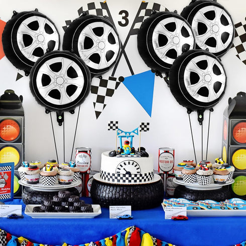 12 Pcs Wheel Tire Balloons,18 Inch Race Car Wheel Balloons Race Car Party Decorations Car Foil Balloons for Birthday Party Race Car Theme Party Su...