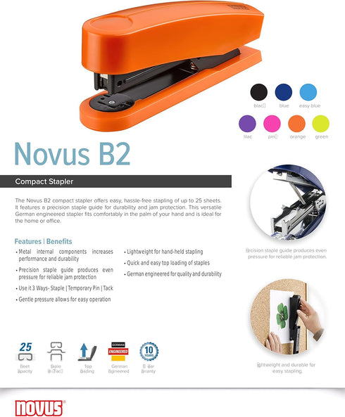 Novus B2 Compact Stapler, 25 Sheet Capacity, Precision Staple Guide, German Engineered, Staple|Pin|Tack, 10 Year Warranty, Easy Blue (020-1918)...