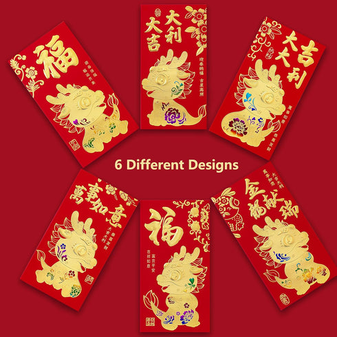 36Pcs Chinese New Year Red Envelopes 2024, Lunar New Year of The Dragon Red Envelopes with 6 Unique Gold Embossed Designs, Lucky Money Red Packets...