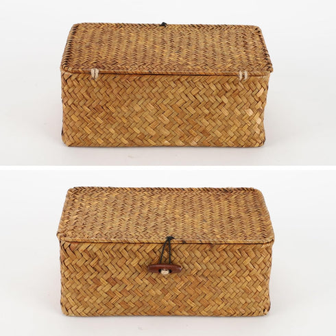YRHOME Seagrass Rattan Basket Storage with Lid, Natural Hand-woven Rectangular Household Basket Bins for Organizer Boxes Shelf Desk (Original 10.2...