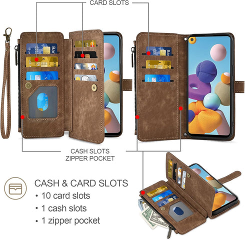 Asuwish Phone Case for Samsung Galaxy A21 Wallet Cover and Tempered Glass Screen Protector Leather Flip Credit Card Holder Stand Lanyard Wrist Str...